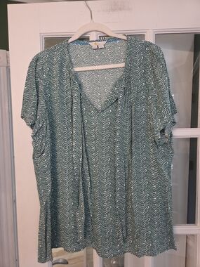 Boden Green Patterned V-Neck Short Sleeve Blouse - Size 16/18